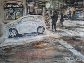 Shoveling Snow – Watercolor, 9×12
